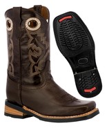 Kids Unisex Real Leather Western Boots Smooth Dark Brown Square Toe Pull... - €47,76 EUR