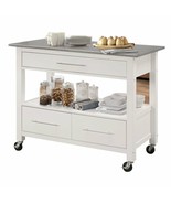 ACME Ottawa 3-Drawer Stainless Steel Top Wooden Kitchen Island in White - £417.94 GBP