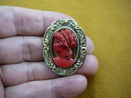 (cred-34) Woman with headband in hair red oval lady CAMEO  brass Pin Pendant - £23.52 GBP