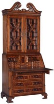 Secretary Desk Bookcase, Glass Panes, Mahogany, Leather, Carved Bracket ... - £4,139.86 GBP
