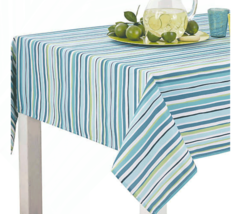 Summer Stripe Blue and Green Indoor Outdoor Fabric Tablecloth 60&quot; x 84&quot; - $29.02