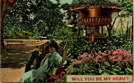 Vtg Postcard 1911 Romance Garden Flowers Big Hat - Will You Be My Beau? - £8.50 GBP