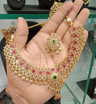 Bollywood Style Indian Gold Plated CZ Ruby Choker Necklace Statement Jewelry Set - £54.83 GBP