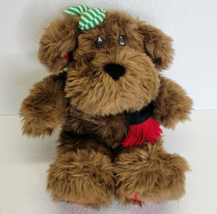 Caltoy Christmas Girl Brown Dog Shaggy Plush Bow Scarf Red Green with Ta... - £16.18 GBP