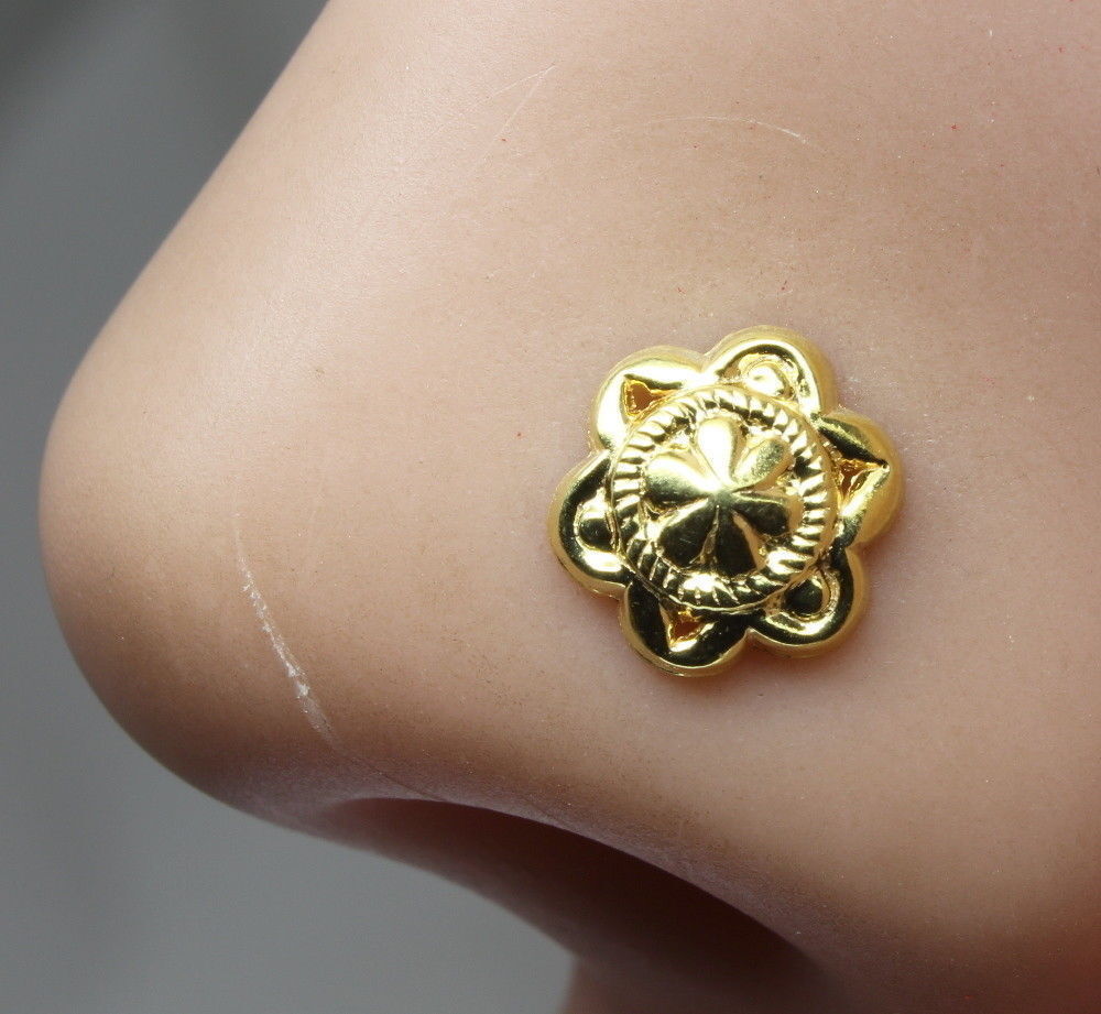 Sun Flower Indian Nose Stud, Gold plated nose ear ring, Push Pin nase ...