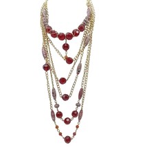 Vintage Multi Layered Red &amp; Gold Beaded Chain Necklace Bold Wire Wrapped... - $86.11