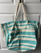 Canvas Striped Beach Bag Large With Pockets Green Cream Rope Handles - £12.52 GBP