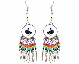 Native American Inspired Chip Stone Round Silver Metal Hoop Beaded Dangle Earrin - £7.79 GBP+