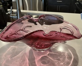 Vintage Large Wavy Hand Blown Murano Art Glass Bowl Cranberry Pink Dish - £51.43 GBP