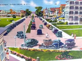 Ocean Grove NJ Postcard Broadway Hotels Automobiles People 1939 New Jersey Linen - $21.14