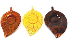 GANZ 3 Aspen Leaf Pressed Glass Tea Light Holders  Amber Gold Brown - £11.08 GBP