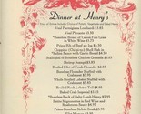 Dinner at Henry&#39;s Menu French Hot Cheese Puffs Romano Rum Custard Cake  - $17.82