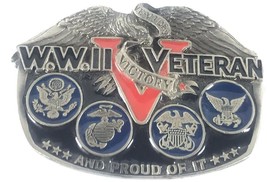 World War 2 WWII Proud Veteran Belt Buckle VE VJ Day Red Blue Enamel 1988 VTG - £10.11 GBP