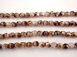 50 4mm Czech Glass Firepolish Beads: Opaque White/Tortoise - Celsian - £2.59 GBP