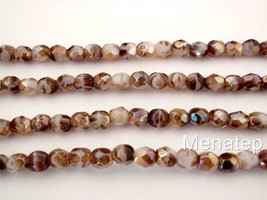 50 4mm Czech Glass Firepolish Beads: Opaque White/Tortoise - Celsian - $3.26