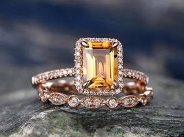 2ct Emerald Cut Yellow Citrine &amp; Diamond 14k Rose Gold Plated Bridal Ring Set - £73.44 GBP