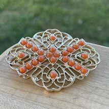 Vintage Gold Tone Brooch Pin Mesh Lucite Stones Coral Peachy Fashion Jew... - €21,49 EUR
