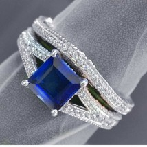 2.15Ct Princess Cut Sapphire &amp; Moissanite Engagement Band Ring Sterling Silver - $185.12