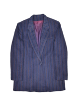 Vintage Wool Blazer Womens 14 Blue Striped Sport Coat Long Jacket 1 Button - $37.59