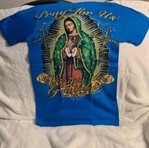 Virgen De Guadalupe Pray For Us Religious Blue T-SHIRT - $11.27