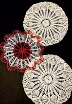 Hand Crocheted Eggshell And Ivory With Red Round Doilies Set of 3 Vintage 1960&#39;s - £11.72 GBP