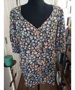 Womens Black Pink &amp; Blue Floral Blouse Top LAUREN CONRAD Size XL - £18.93 GBP