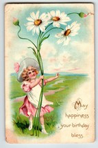Tuck Birthday Greeting Postcard Girl Holding Giant Daisy Flowers 1907 Em... - £7.10 GBP