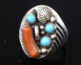 J.S. Silversmith Navajo Sterling and Turqoise Coral Mens Ring Large Chunky Size - £136.89 GBP