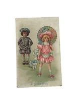 Vintage Postcard Lucky Dog Pretty Girl Pink Dress Parasol Jealous Boy Un... - £9.34 GBP