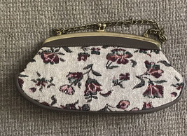 Vintage Floral Clutch Purse Evening Bag Needlepoint Tapestry Leather Chain Strap - £25.87 GBP