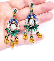 Bridesmaid Drop Earrings, Rhinestone Crystal Earrings, 2.8 inch Colorful Chandel - £30.67 GBP
