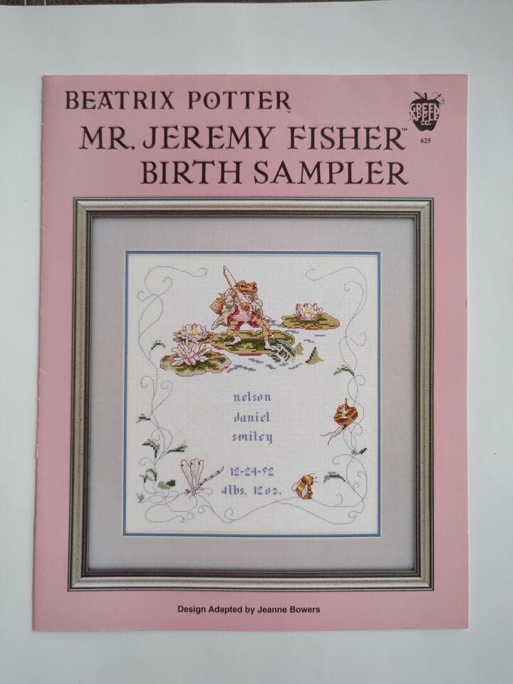 Green Apple Co Beatrix Potter Mr Jeremy Fisher Birth Sampler Cross Stitch Chart - $18.04