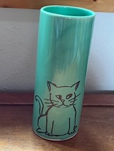 Bella Joy Signed Bright Green w Brown Outline of Kitty Cat Tubular Pottery Vase  - £15.49 GBP