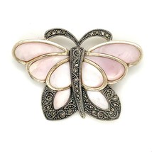 Vtg Sterling Signed NF TH Inlay Mother of Pearl and Marcasite Butterfly Brooch - £74.31 GBP