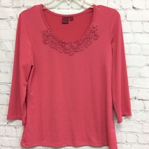 212 Collection Womens Blouse Pink Long Sleeve Scoop Neck Stretch Crochet Top S - £11.68 GBP