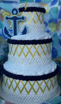 Navy Blue and Yellow Ahoy Its a Boy Nautical Baby Shower  3 Tier Diaper Cake - £47.79 GBP