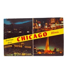 Postcard Greetings From Chicago Illinois Skyline At Night Chrome Posted - $9.59
