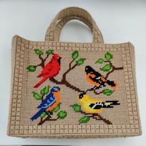 Embroidered Beige Colorful Birds Cardinal Jay Homemade Lined Handbag Bag - £60.55 GBP
