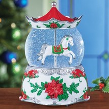Musical Pink Carousel Horse Pony w/ Roses Ribbons Snow Globe Tabletop Home Decor - £20.33 GBP