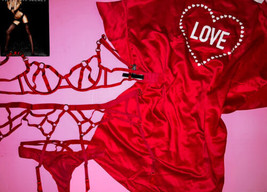 Victoria&#39;s Secret S,M Bra Set+Garter+S Thong+Robe Kimono Red Strappy Very Sexy - £134.10 GBP