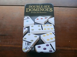 DOUBLE-SIX Dominoes 28 Color Dot DOMINOES-NEW In Tin Box - £9.31 GBP