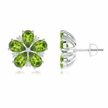 Peridot Pear-Shaped Stud Earrings with Diamond in 14K Gold (Grade-AAA , 6x4MM) - £668.34 GBP