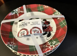 Disney Christmas Mickey Minnie Mouse Plaid Assorted 6&quot; Appetizer Plates Set of 4 - £27.93 GBP