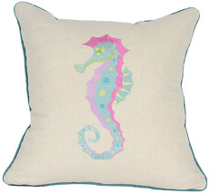 18&quot;x18&quot; Beige and Aqua Seahorse Ocean Linen Blend Zippered Pillow With Embroi... - £50.59 GBP