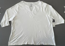 Croft Barrow Womens Plus 3XL 100 Bright White Top Lace Trim 3/4 length sleeve - $16.99