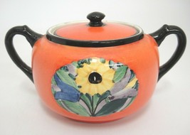 Antique Fischer Orange Sugar Bowl Hand Painted Flowers Black Trim Hungar... - £18.46 GBP