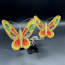 Set of 2 Vintage Glitter Butterfly Clip Ornament Retro MCM Gold Christmas Decor - £15.95 GBP