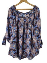 Westport 2X Tunic Blouse Shirt Top Blue Diamond Floral Print Tab Sleeve ... - £29.49 GBP