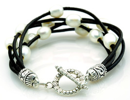 Mutli Strand Black Leather Freshwater Pearl Bracelet Etched Silver Toggle Clasp - £17.40 GBP