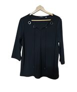 Dennis Basso Women Size M Black Shirt Eyelet Drawstring Blouse 3/4 Sleeve - $297.52 MXN